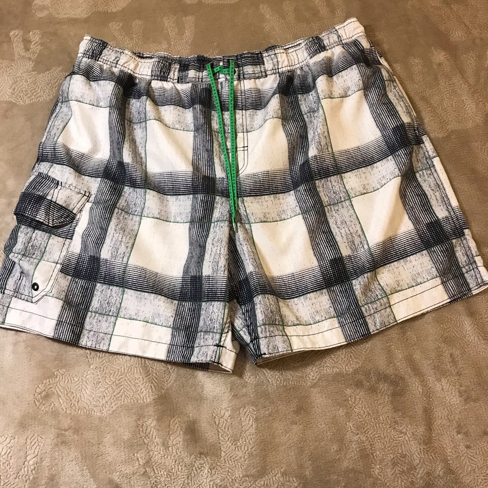Denver Hayes white gray green plaid lined men’s swim trunks Size 3XL